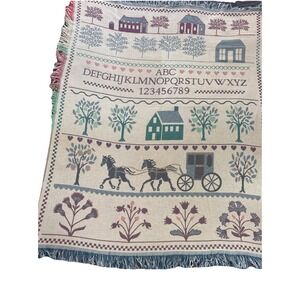 Crown Crafts Throw Blanket Amish Buggy Alphabet Sampler Cottage Core 64x54"